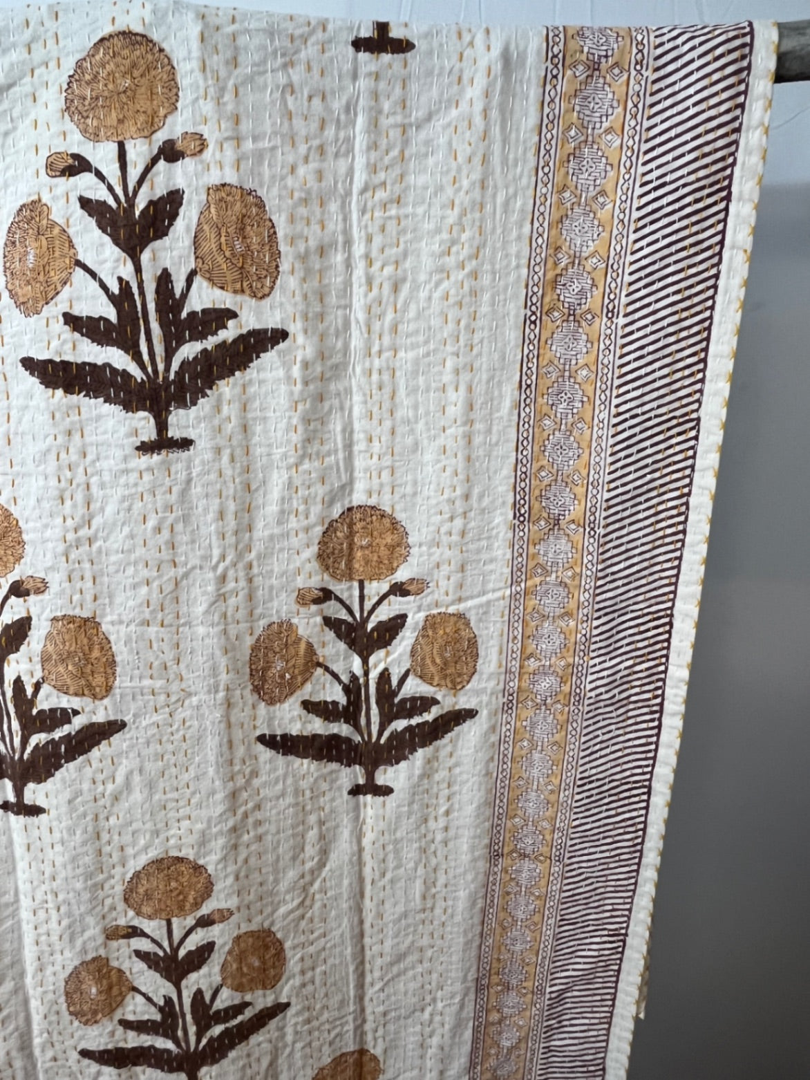 Dandelions on White Block Print Cotton Kantha Quilt (Events)