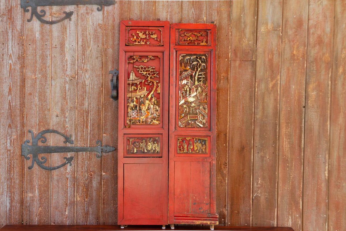 Antique Scarlet Red Gilt Asian Panels, Set of 2