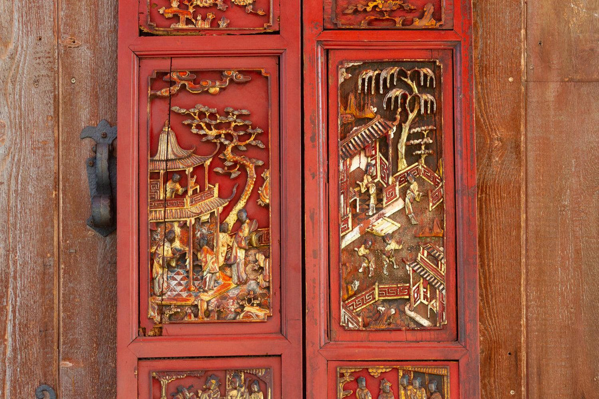 Antique Scarlet Red Gilt Asian Panels, Set of 2