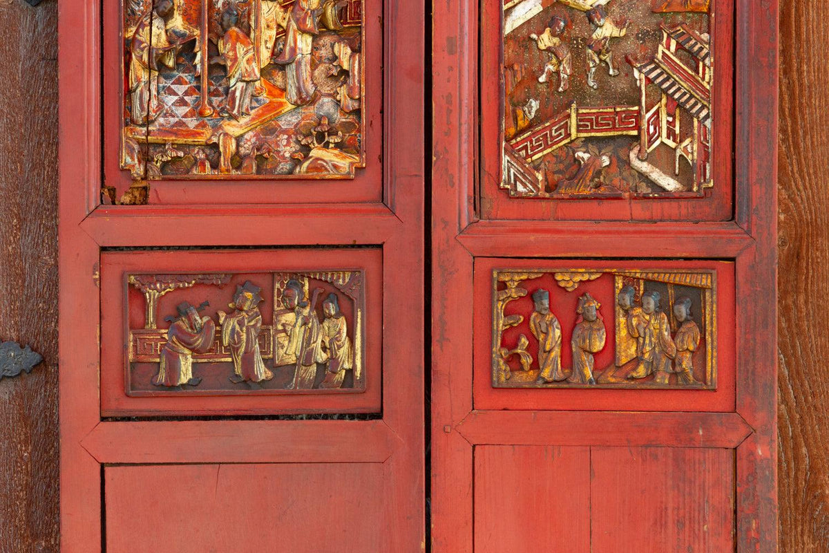 Antique Scarlet Red Gilt Asian Panels, Set of 2