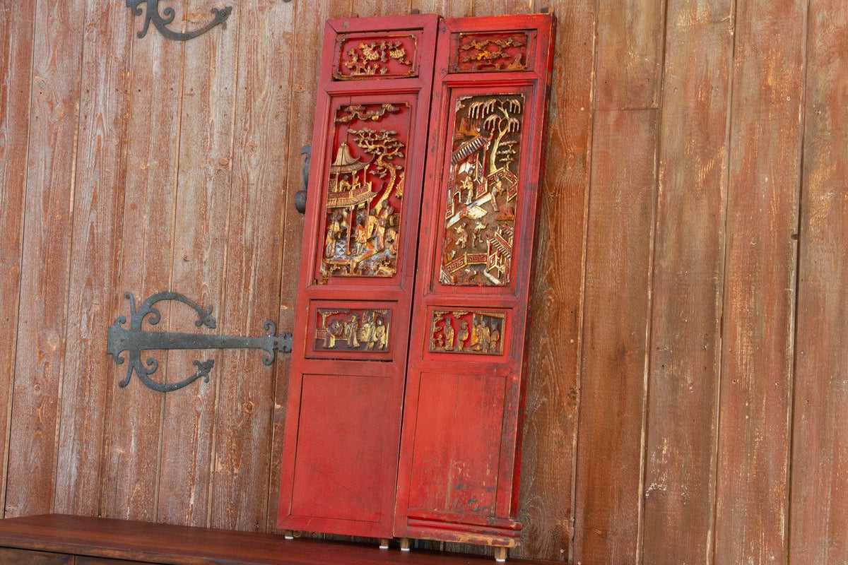 Antique Scarlet Red Gilt Asian Panels, Set of 2