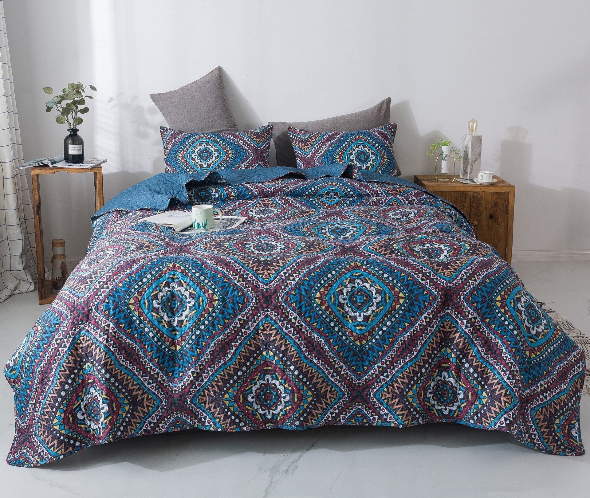 DaDa Bedding Farmhouse Bohemian Native Rustic Navy Blue Geometric Diamond Shapes Bedspread Set (KSX-001)