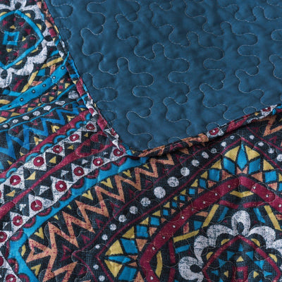 DaDa Bedding Farmhouse Bohemian Native Rustic Navy Blue Geometric Diamond Shapes Bedspread Set (KSX-001)