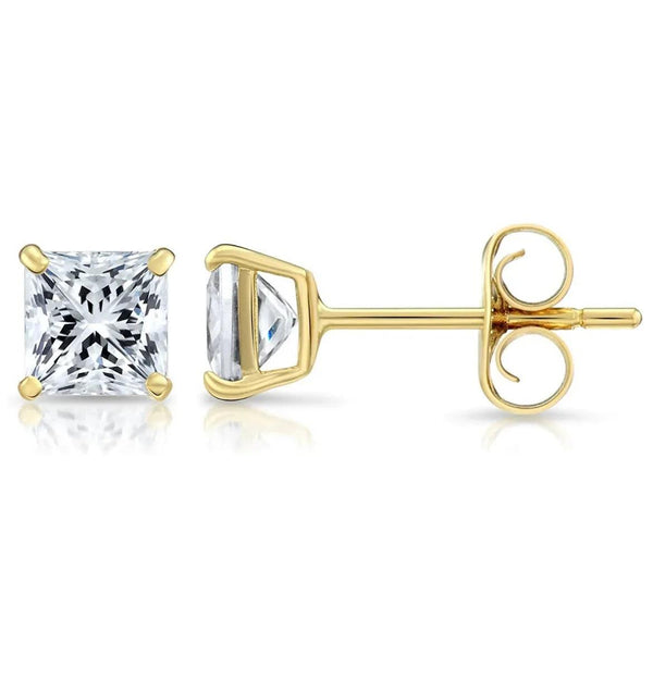 Solid 14K Yellow Gold 4mm Square Cut Crystal Studs - 2 Options - Gifts for You 'n Me