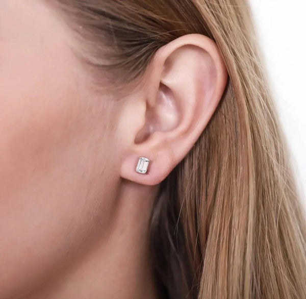 Solid Sterling Silver Created White Topaz Emerald Cut Crystal Stud Earrings - Gifts for You 'n Me