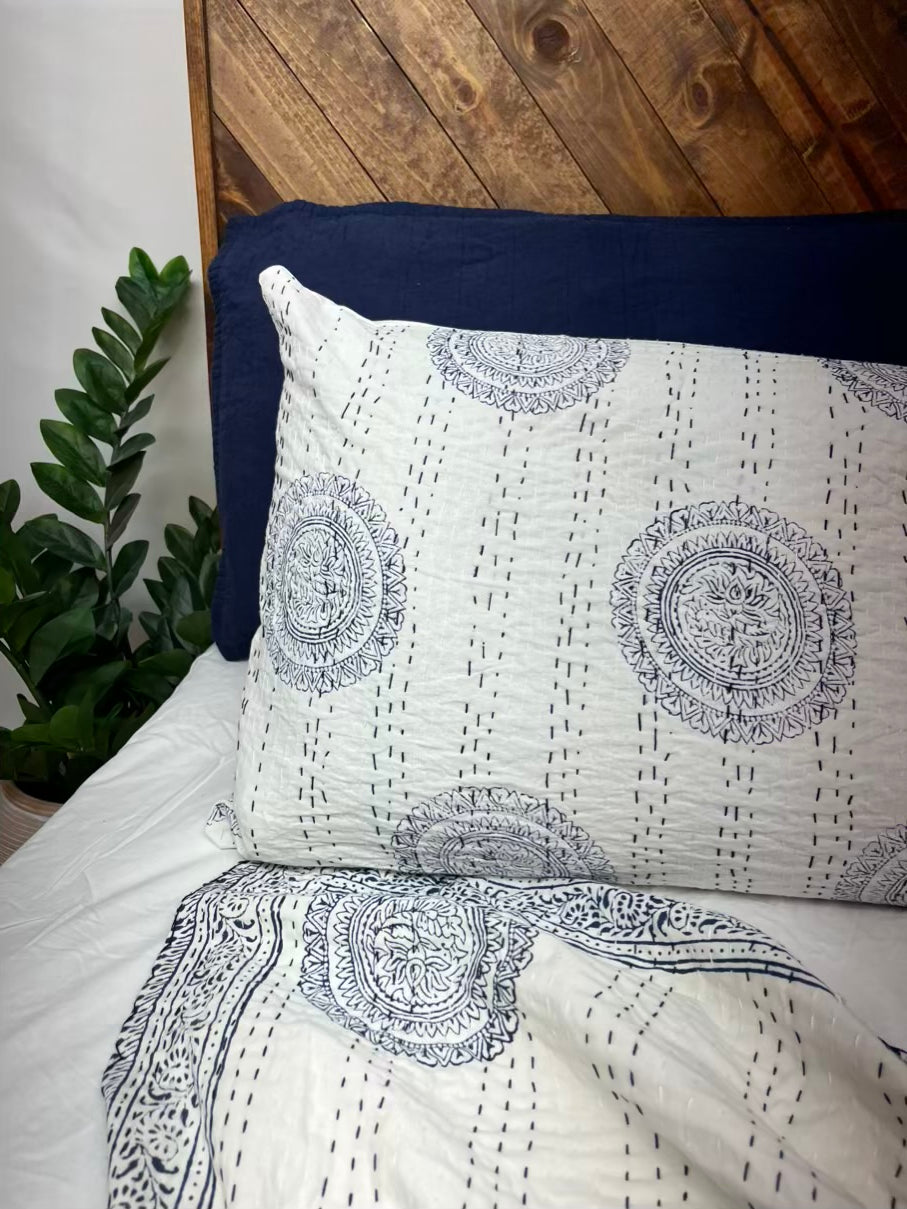 Navy Mandala Block Print Cotton Kantha Sham