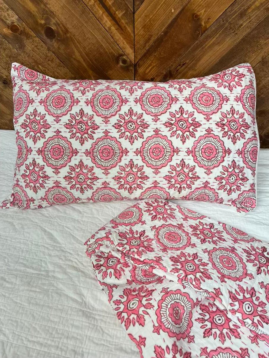 Pink Burst Block Print Cotton Kantha Sham