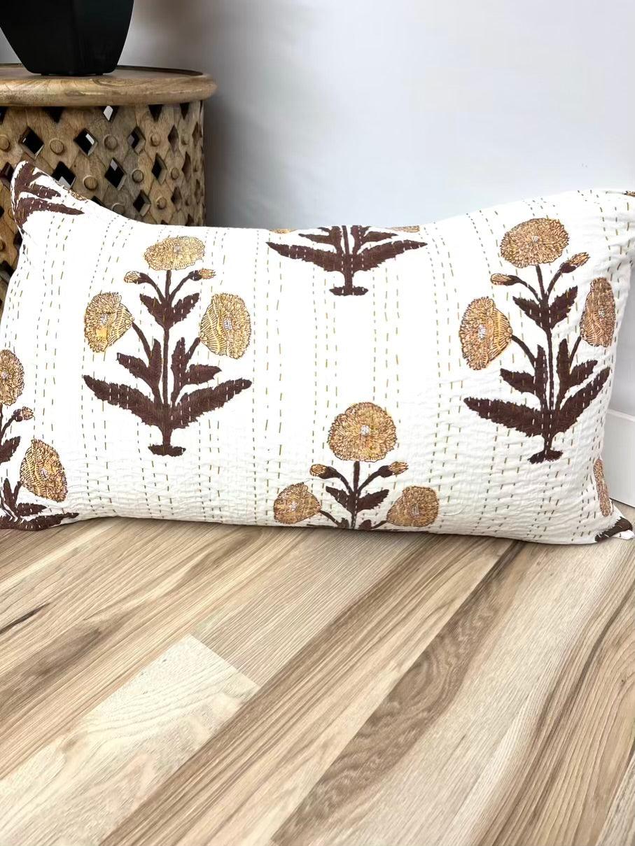 Saffron Fields Block Print Cotton Kantha Sham