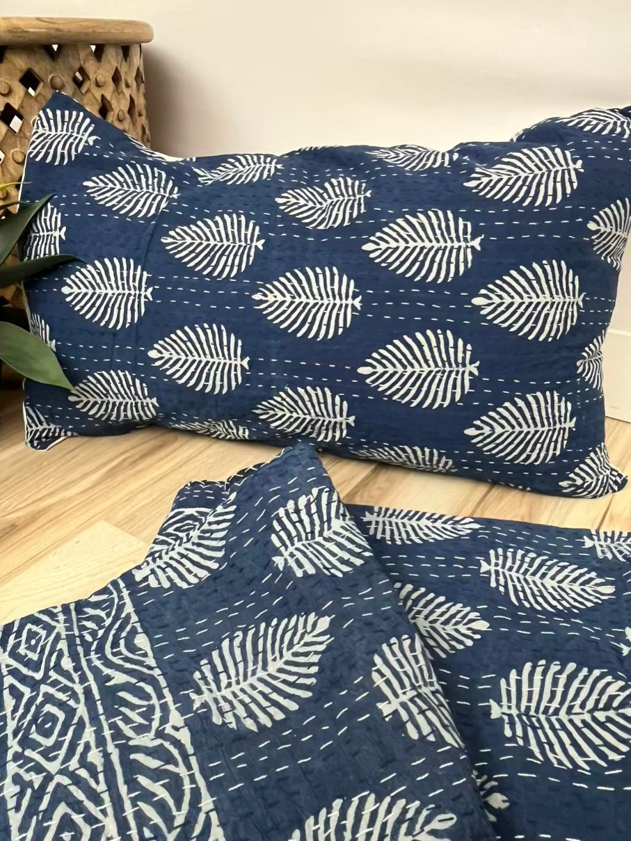Bagru Indigo Leaves Block Print Cotton Kantha Sham