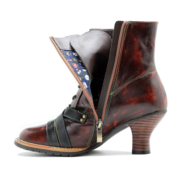 Handcrafted Vintage Mixed Leather High Heel Ankle Boots