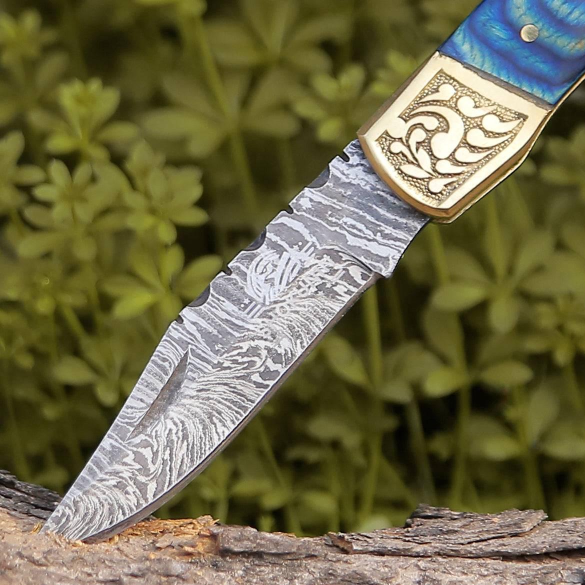 Expedition Damascus Folding Pocket Knife with Pakka Wood Handle Blue