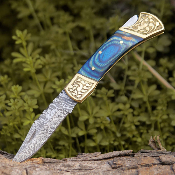 Expedition Damascus Folding Pocket Knife with Pakka Wood Handle Blue