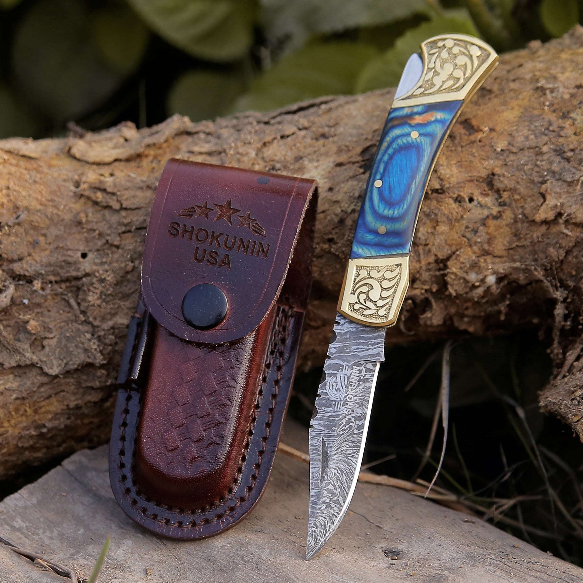 Expedition Damascus Folding Pocket Knife with Pakka Wood Handle Blue