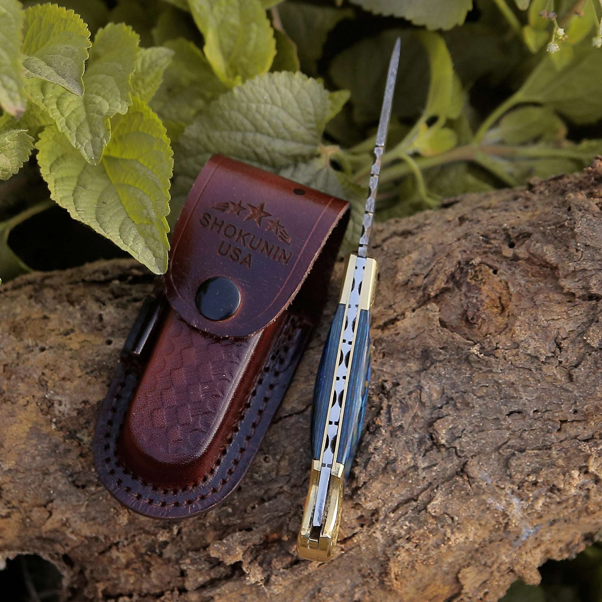 Expedition Damascus Folding Pocket Knife with Pakka Wood Handle Blue