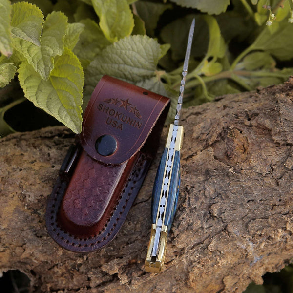 Expedition Damascus Folding Pocket Knife with Pakka Wood Handle Blue
