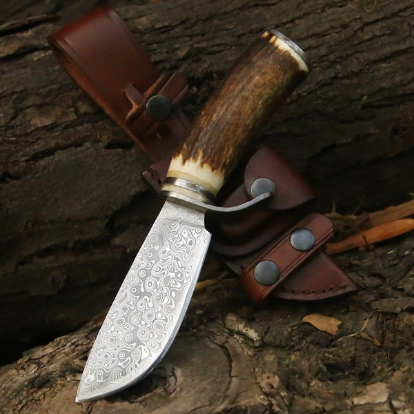 Serpent Damascus Hunting Knife with Antler Handle - Gifts for You 'n Me