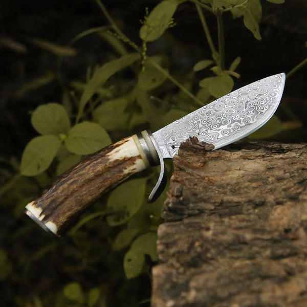 Serpent Damascus Hunting Knife with Antler Handle - Gifts for You 'n Me