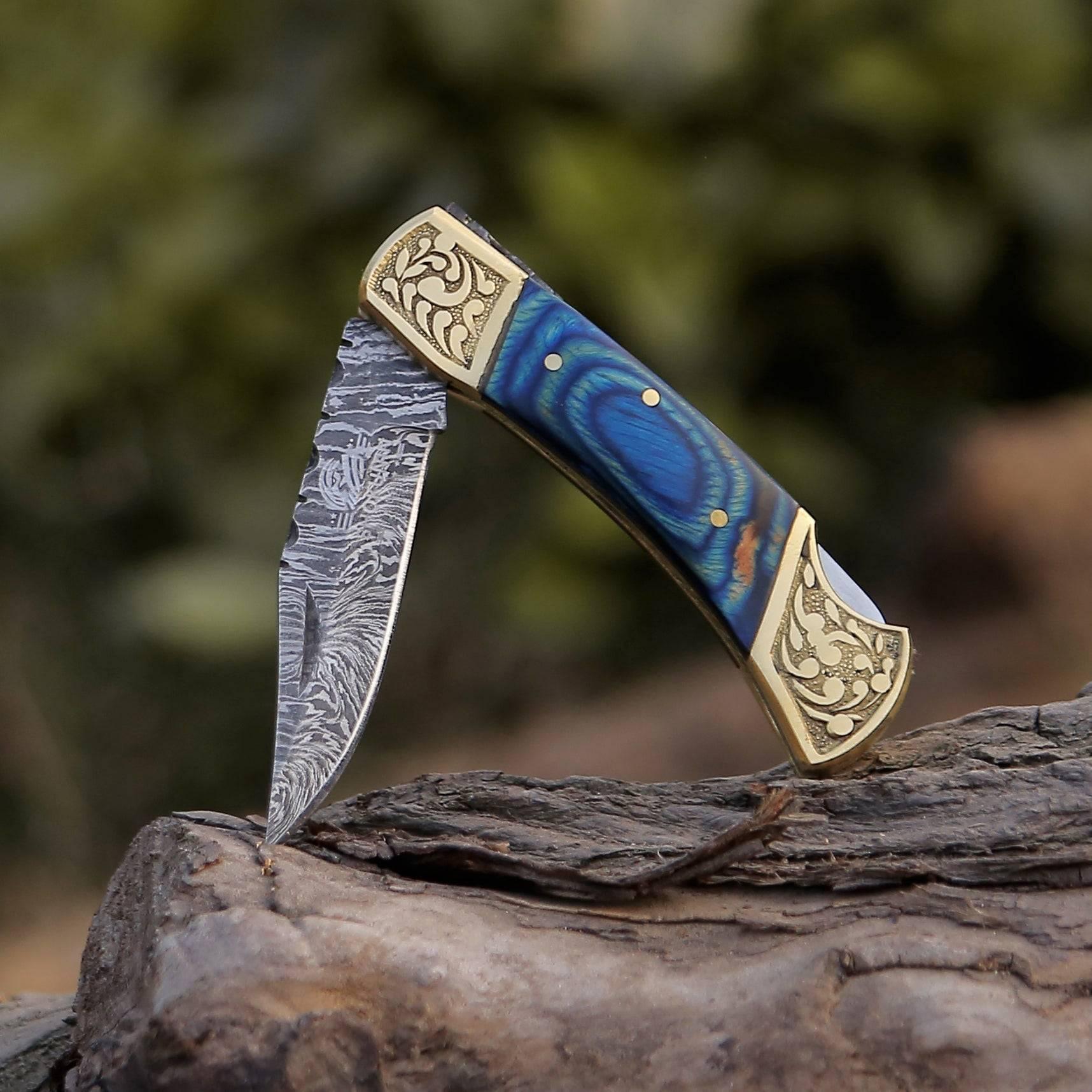 Expedition Damascus Folding Pocket Knife with Pakka Wood Handle Blue