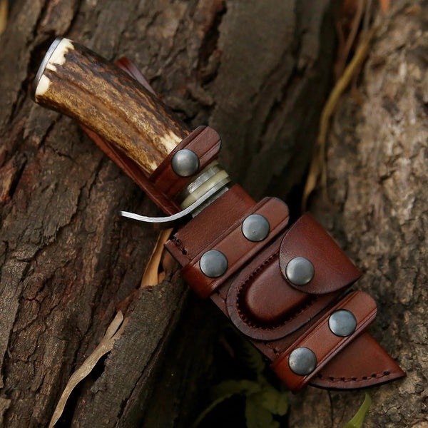 Serpent Damascus Hunting Knife with Antler Handle - Gifts for You 'n Me