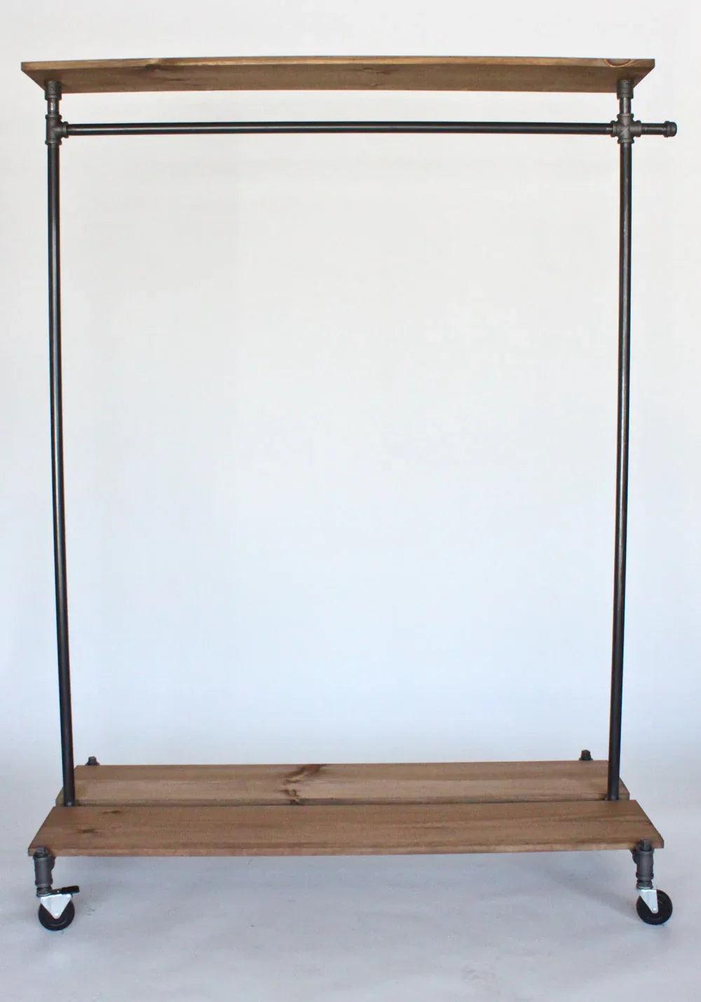 Industrial clothing rack with distressed wood platforms and top shelf - Gifts for You 'n Me