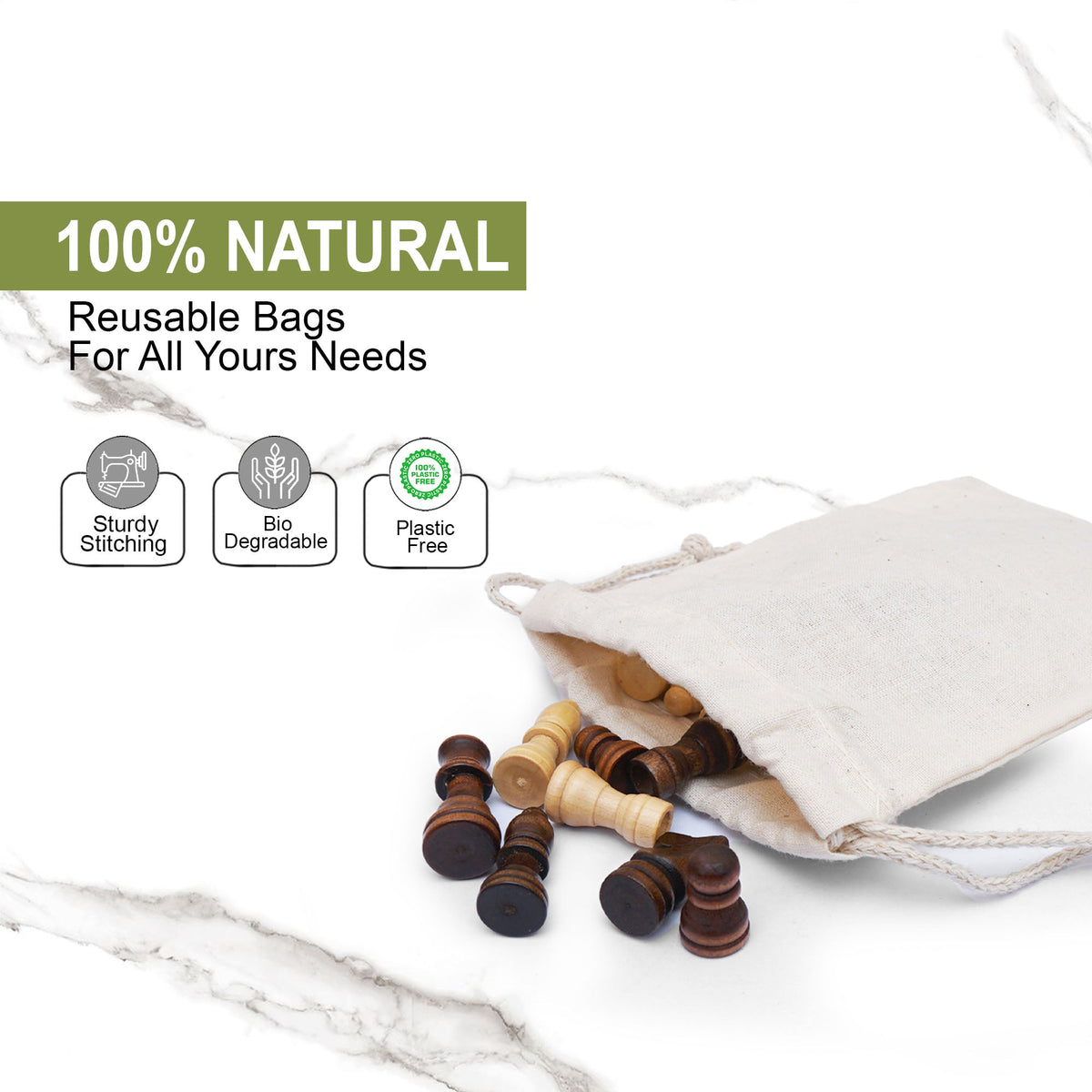 12x16 Inches Reusable Eco-Friendly Cotton Double Drawstring Bags Natural Color