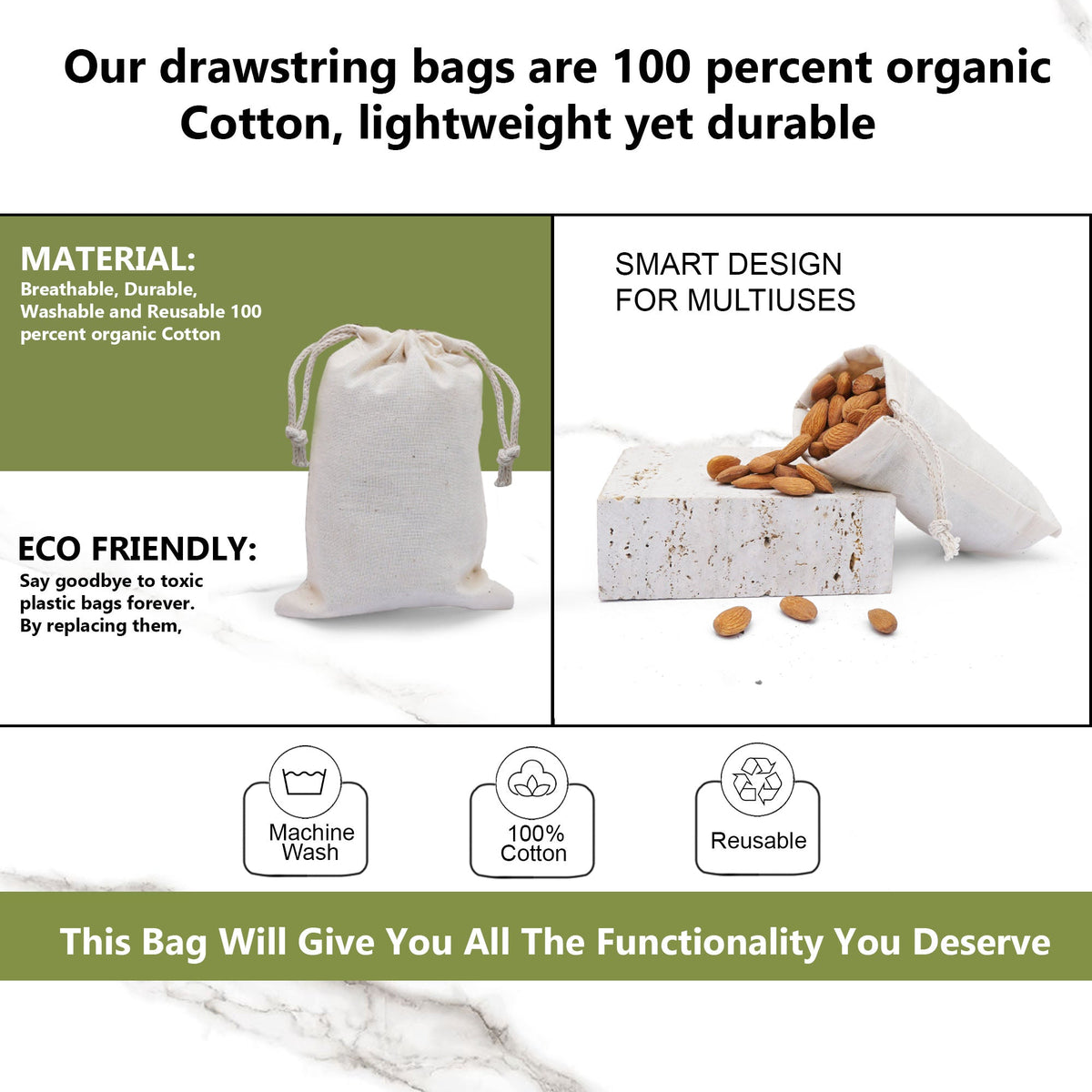 2x3 Inches Reusable Eco-Friendly Cotton Double Drawstring Bags Natural Color