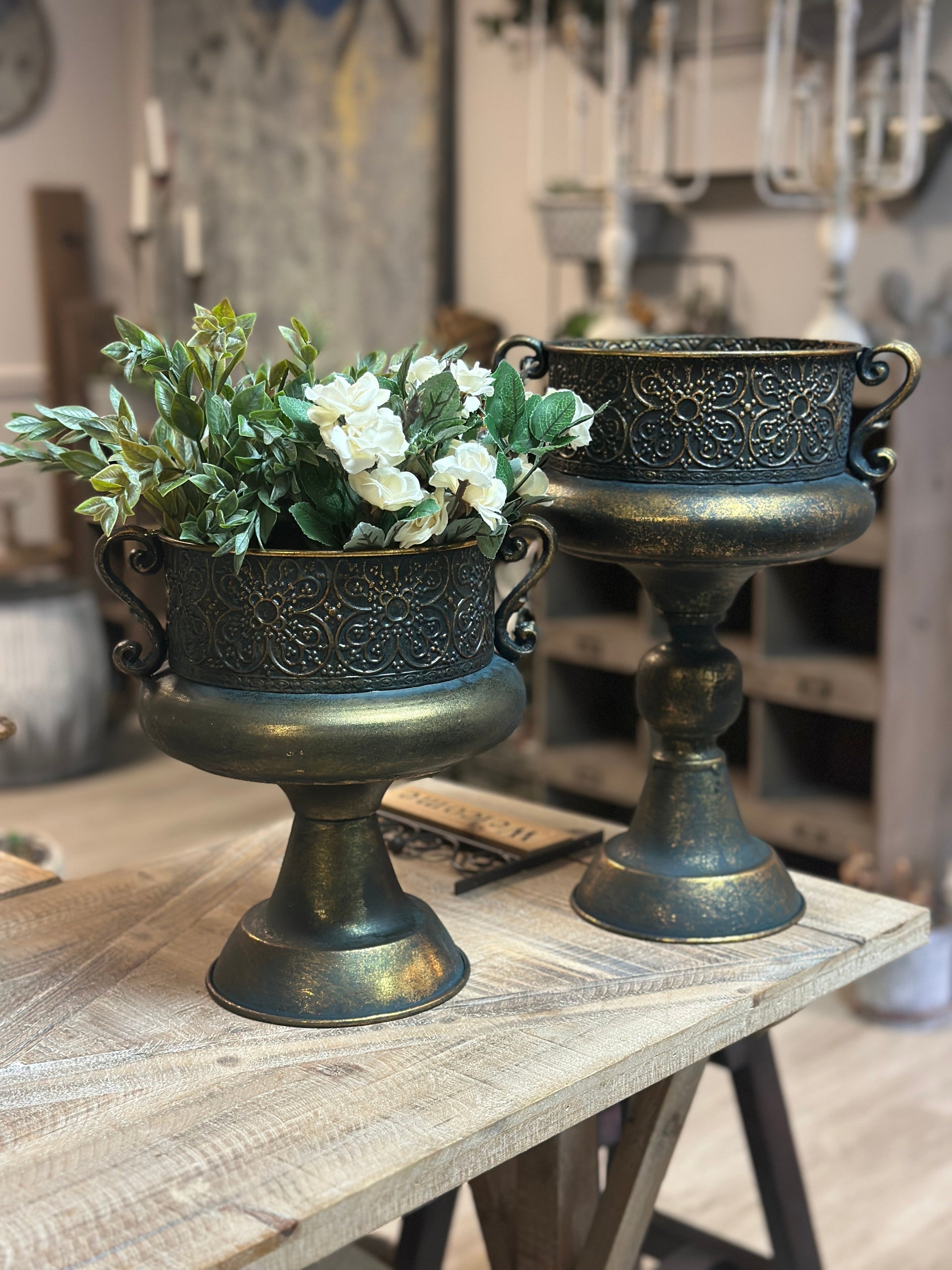 Vintage Ornate Metal Urns VagabondVintage