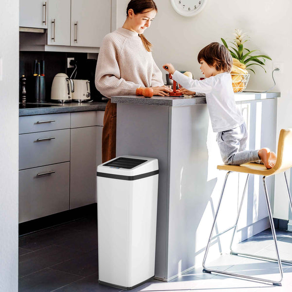 14 Gallon White Self-Contained Electric-Motor Sensor Kitchen Trash Can with AbsorbX