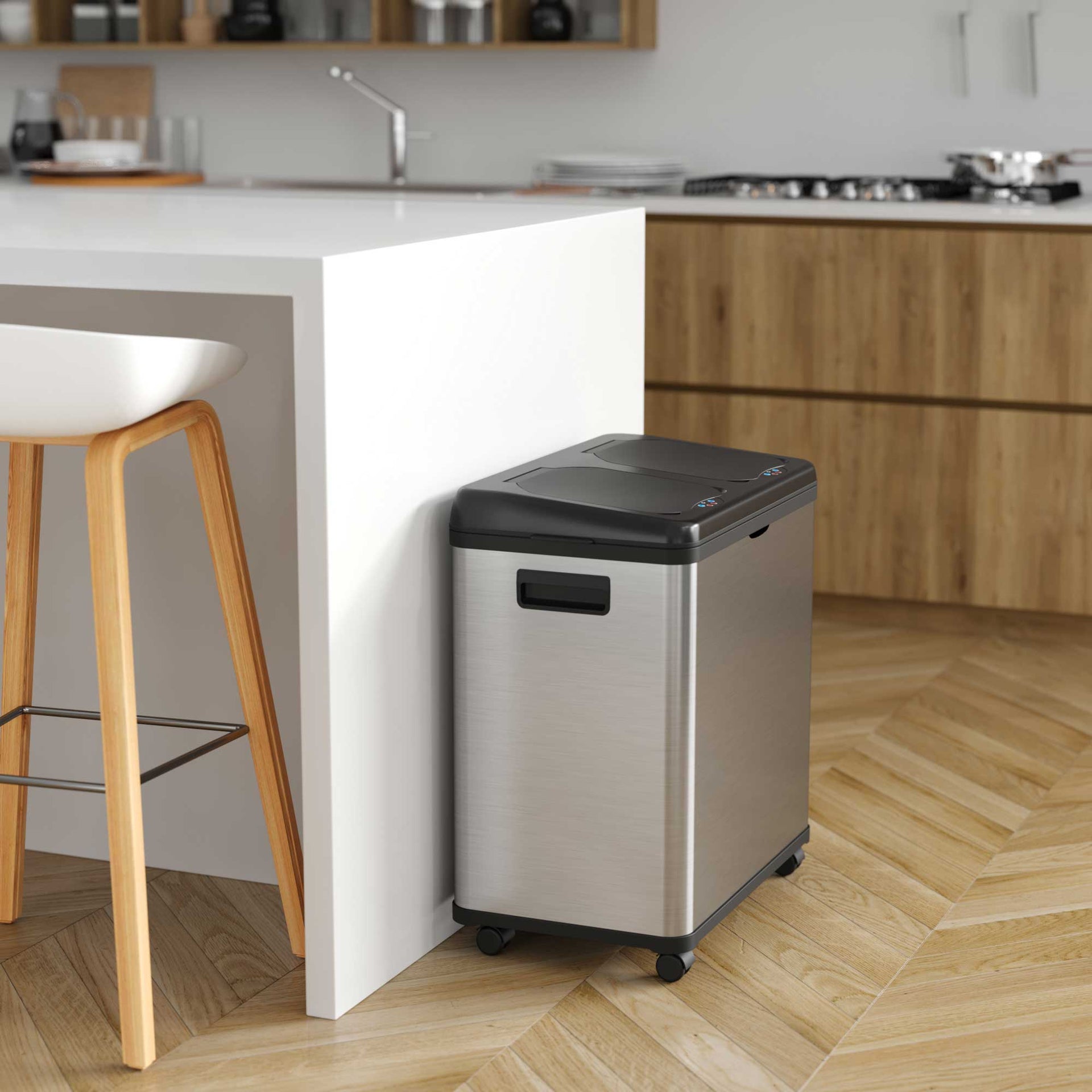16 Gallon Dual-Compartment Stainless Steel Sensor Recycle Bin/Trash Can with Black Lid