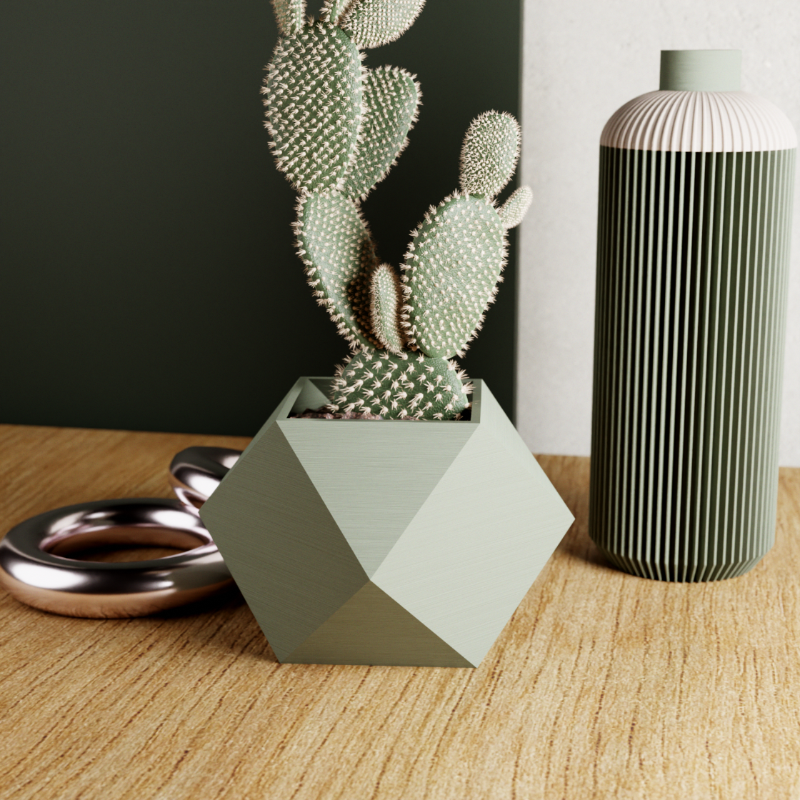 Geometric plant pot with cactus on a wooden surface next to a striped vase.