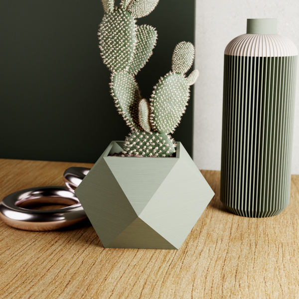 Geometric plant pot with cactus on a wooden surface next to a striped vase.