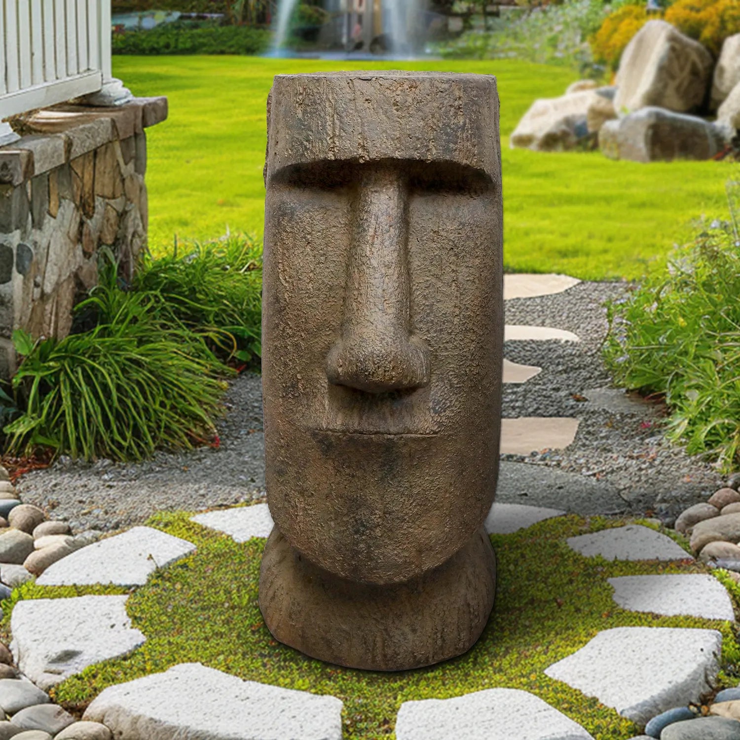 Concrete Large Garden Statue Moai Head 35 Inch