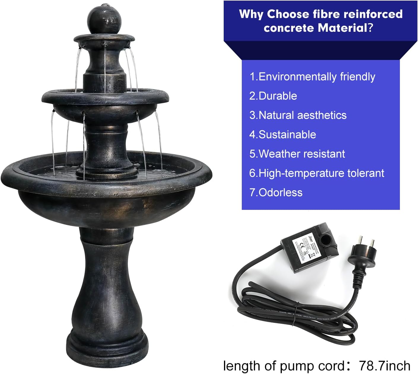 Concrete Antique Black 3 Tier Outdoor Water Fountain