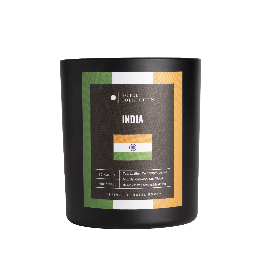 Candle with 'India' label featuring the Indian flag on a white background