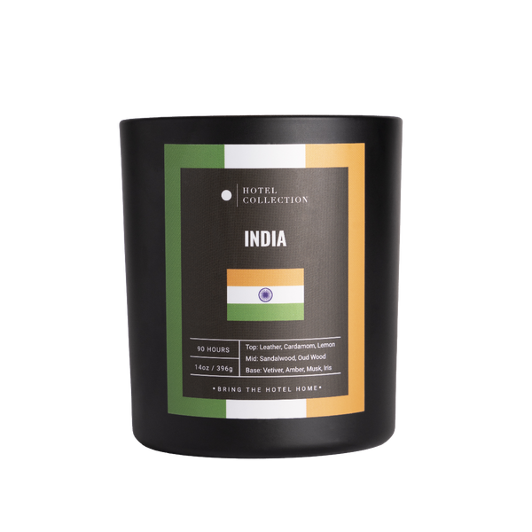 Candle with 'India' label featuring the Indian flag on a white background