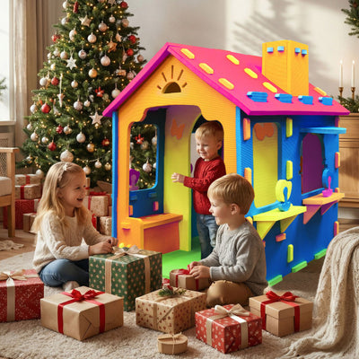 Indoor Cottage Playset with Roof and Chimney for Creative Play-Multicolor
