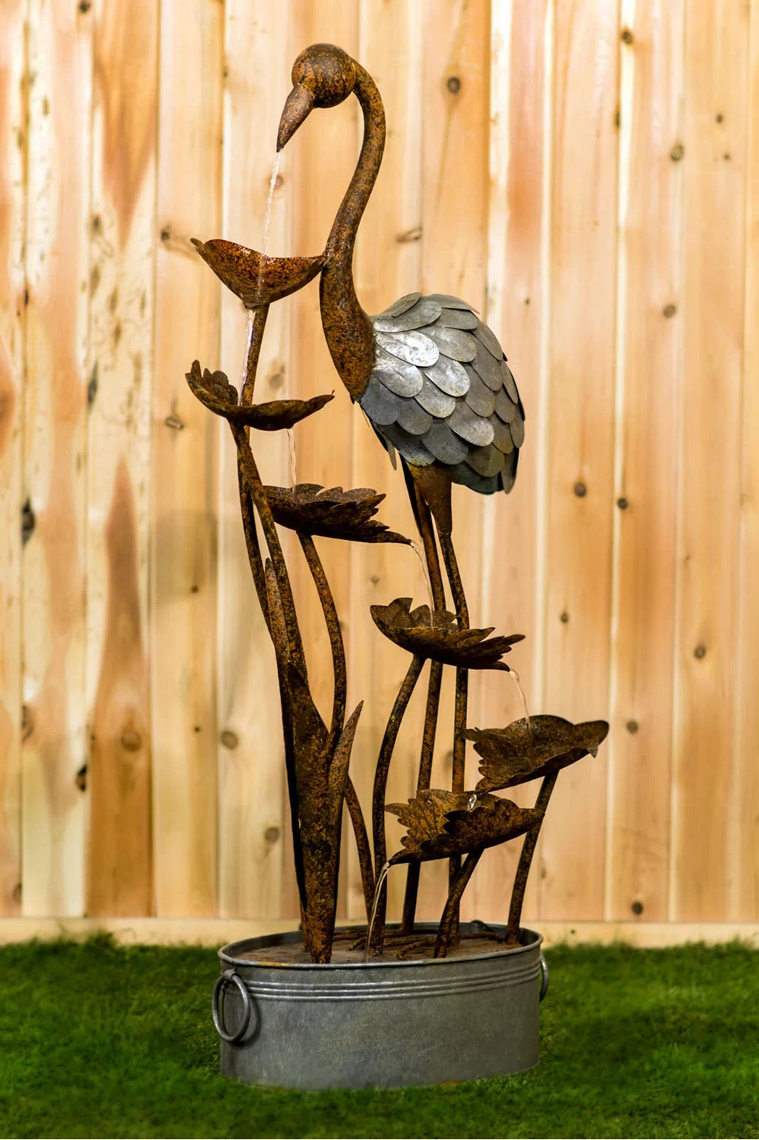 Flamingo with Leaves In Pail-Metal Weather Resistant Floor Fountain