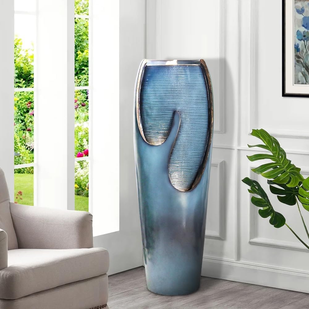 Concrete Turquoise Cracked Jar Outdoor Fountain 38 Inch
