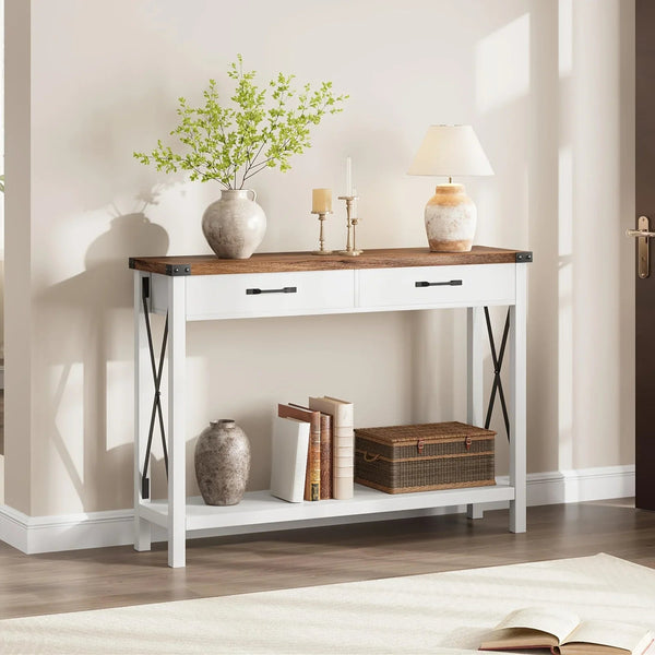 Industrial Farmhouse Entryway Table - Console Table with 2 Drawers, Heavy-Duty Sofa Table, Scratch-Resistant, Easy Assembly, Living Room, Hallway, Foyer Furniture for Farmhouse, Modern, Traditional Decor - Space-Saving Narrow