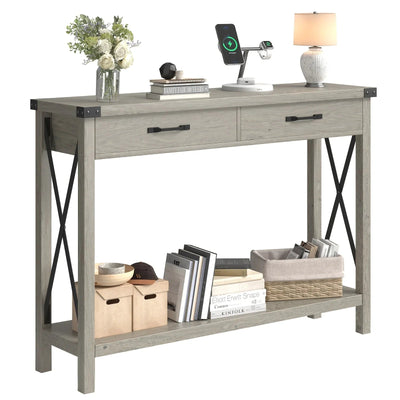 Industrial Farmhouse Entryway Table - Console Table with 2 Drawers, Heavy-Duty Sofa Table, Scratch-Resistant, Easy Assembly, Living Room, Hallway, Foyer Furniture for Farmhouse, Modern, Traditional Decor - Space-Saving Narrow