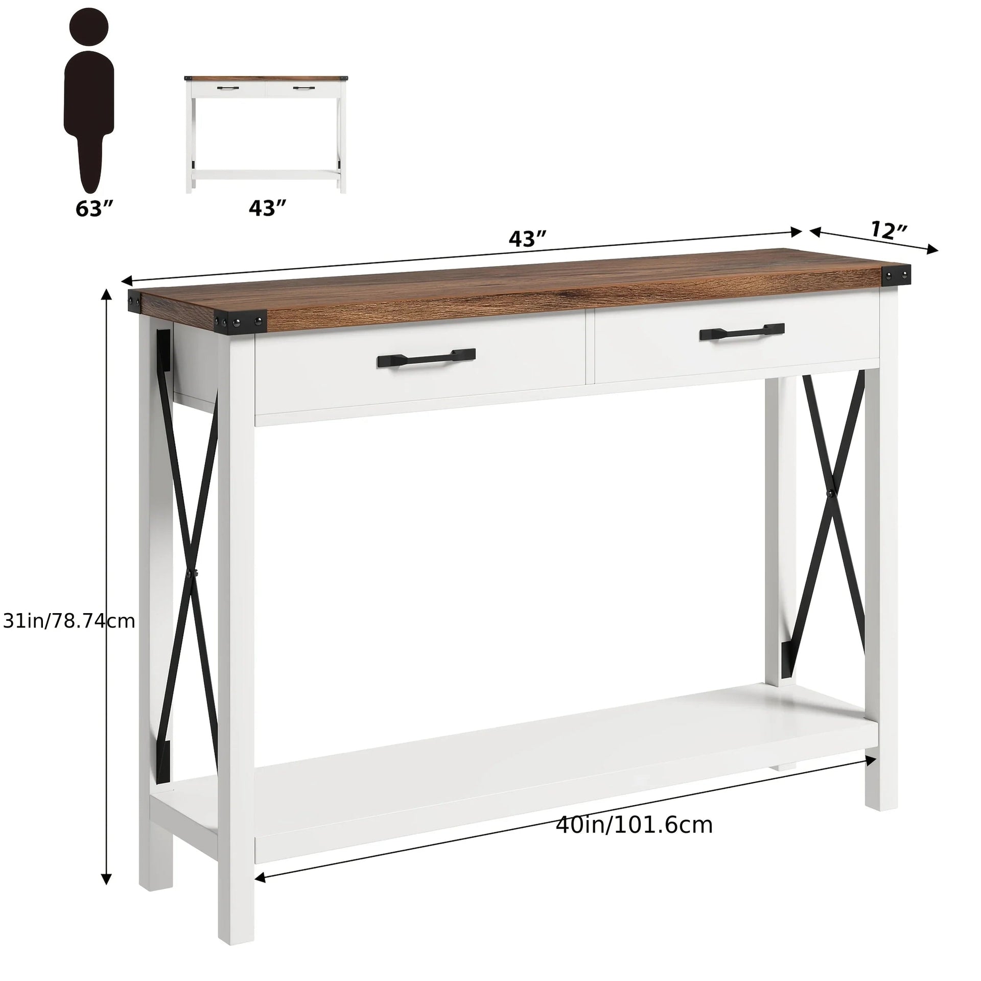 Industrial Farmhouse Entryway Table - Console Table with 2 Drawers, Heavy-Duty Sofa Table, Scratch-Resistant, Easy Assembly, Living Room, Hallway, Foyer Furniture for Farmhouse, Modern, Traditional Decor - Space-Saving Narrow