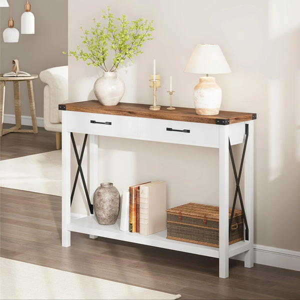 Industrial Farmhouse Entryway Table - Console Table with 2 Drawers, Heavy-Duty Sofa Table, Scratch-Resistant, Easy Assembly, Living Room, Hallway, Foyer Furniture for Farmhouse, Modern, Traditional Decor - Space-Saving Narrow