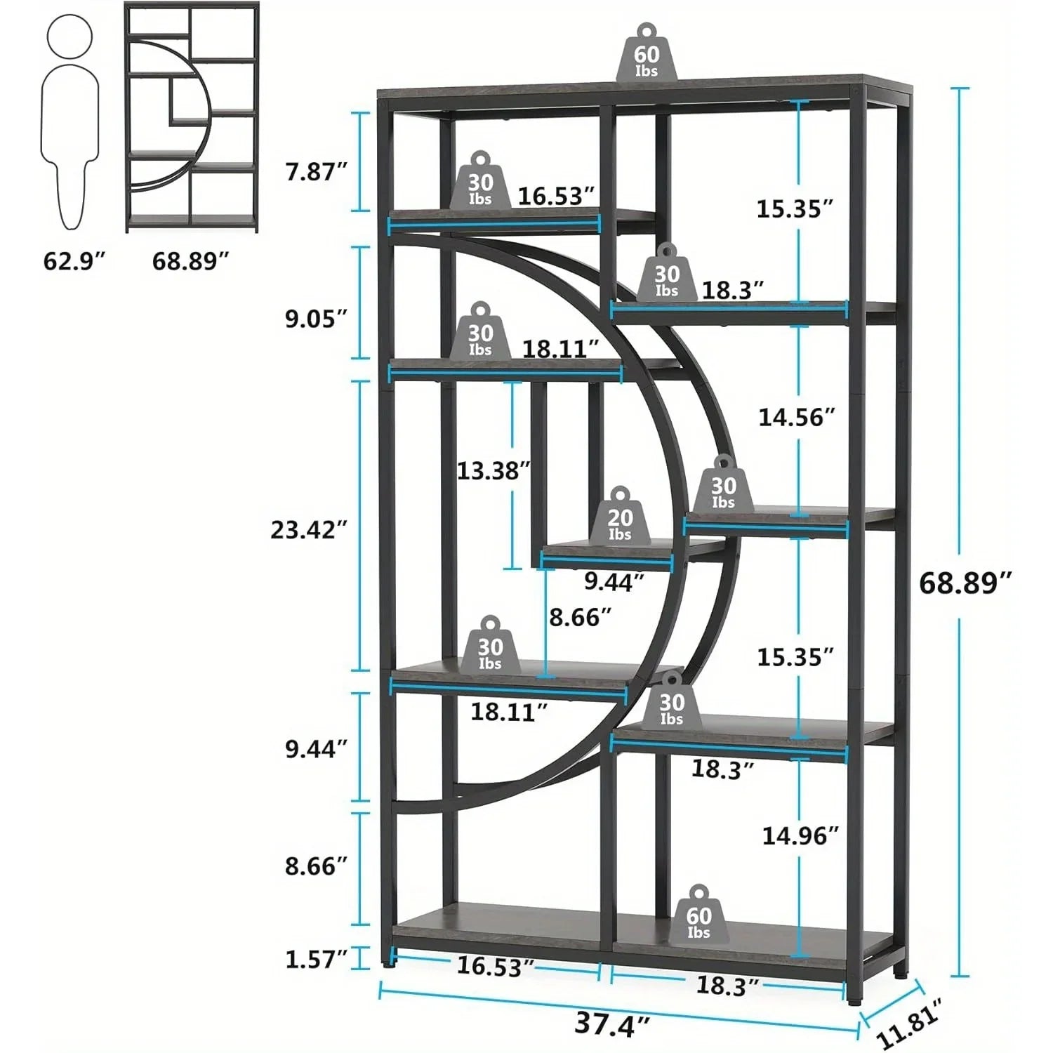 Industrial Metal 5 Tier Bookcase, Freestanding Bookshelf with Open Storage Shelves