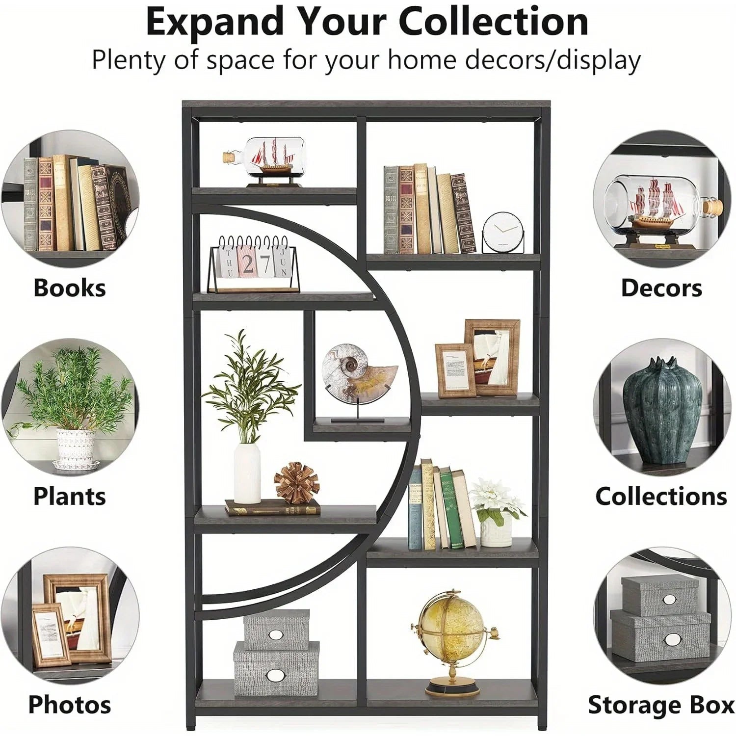 Industrial Metal 5 Tier Bookcase, Freestanding Bookshelf with Open Storage Shelves