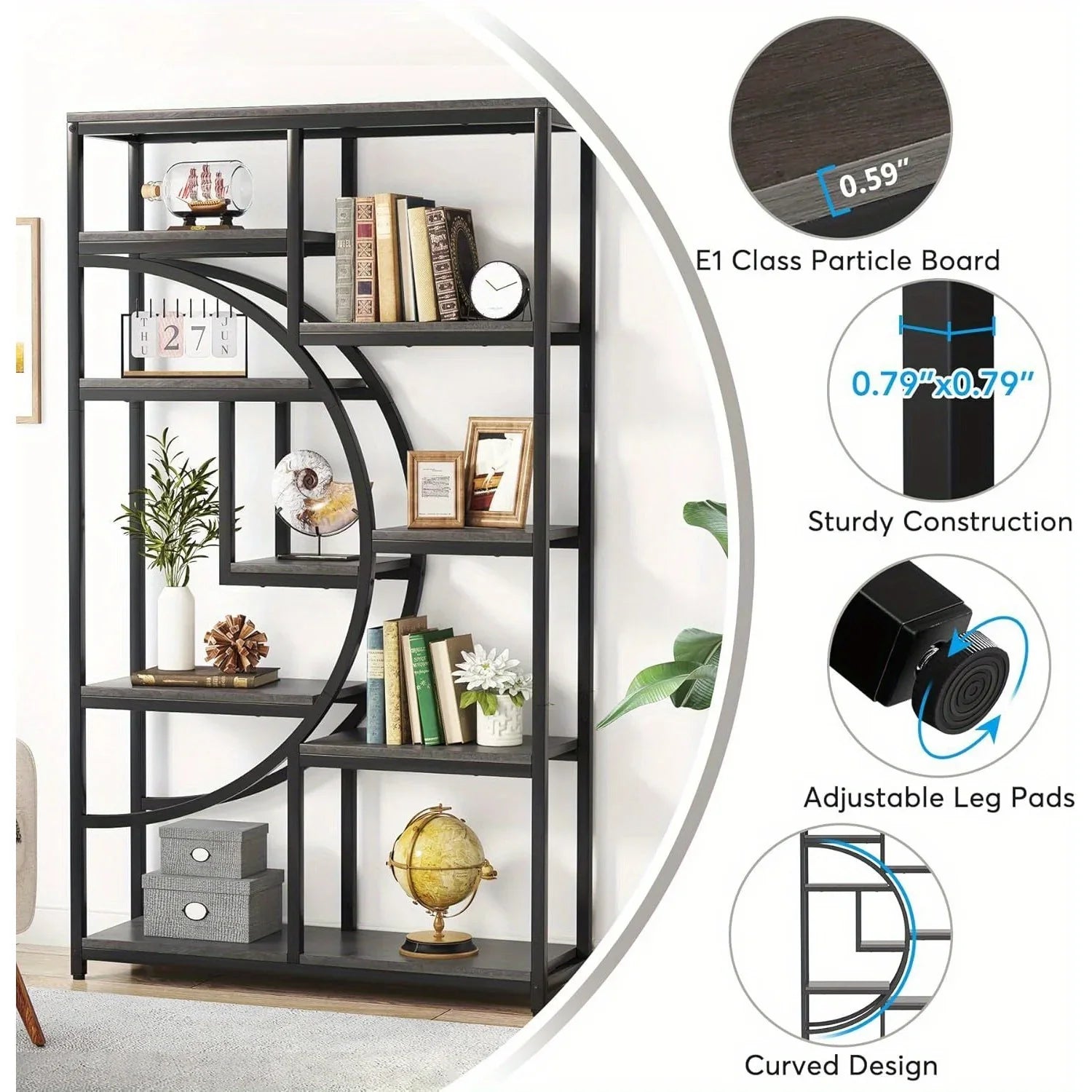Industrial Metal 5 Tier Bookcase, Freestanding Bookshelf with Open Storage Shelves