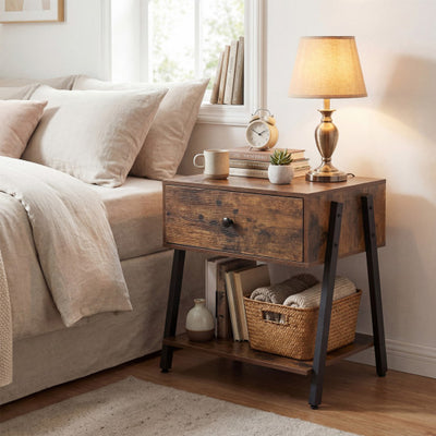 Industrial Nightstand with Drawer and Adjustable Foot Pads for Bedroom-Rustic Brown