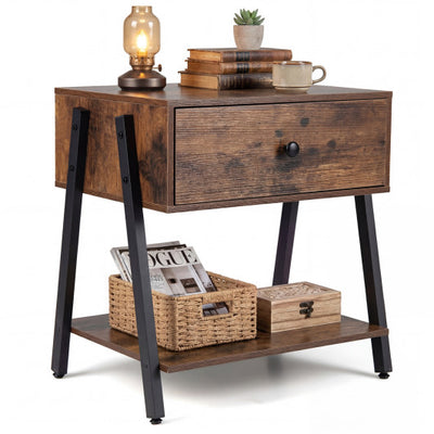 Industrial Nightstand with Drawer and Adjustable Foot Pads for Bedroom-Rustic Brown