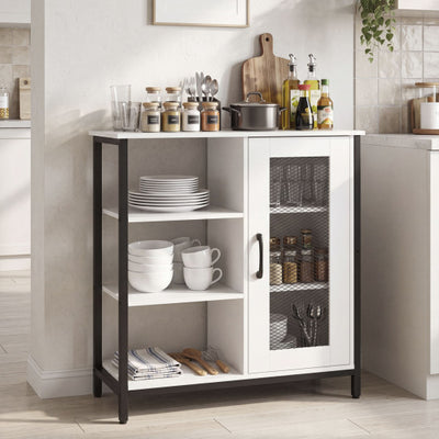 Industrial Side Cabinet with Metal Mesh Door and 3 Open Shelves-White