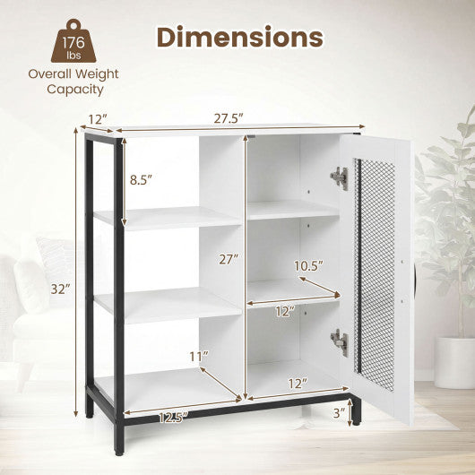 Industrial Side Cabinet with Metal Mesh Door and 3 Open Shelves-White