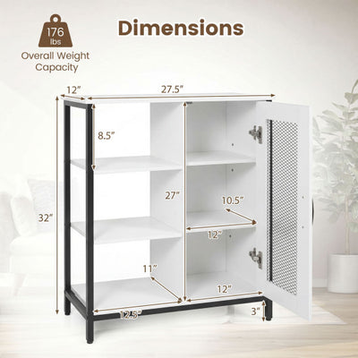 Industrial Side Cabinet with Metal Mesh Door and 3 Open Shelves-White